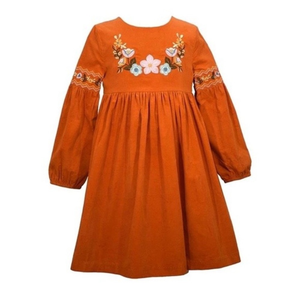 Toddler Girl’s Bonnie Jean Embroidered Floral Corduroy Dress Rust Orange Size 3T
